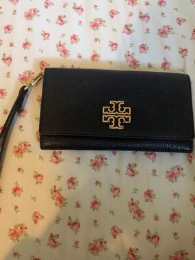 Tory Burch Black Leather Wristlet with Gold Logo